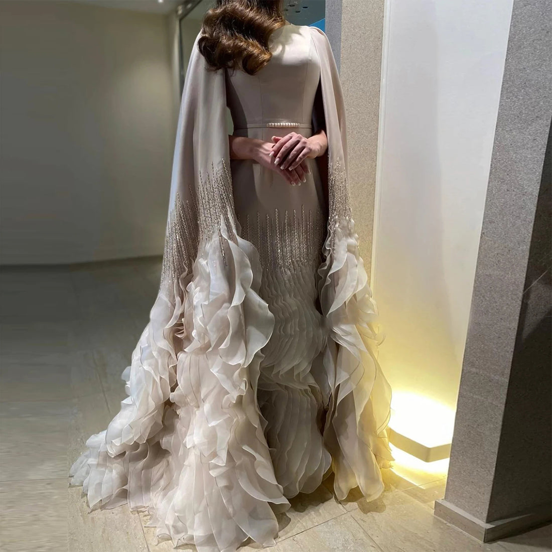 Luxury Dubai Mermaid Nude Evening Dresses with Cape Sleeves Tiered Ruffles Arabic Women Wedding Party Gowns