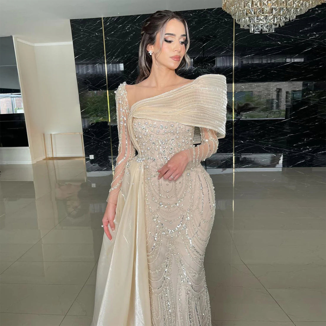 Luxury Nude Crystal Mermaid Evening Dress with Overskirt Long Sleeves Dubai Arabic Wedding Formal Prom Gowns