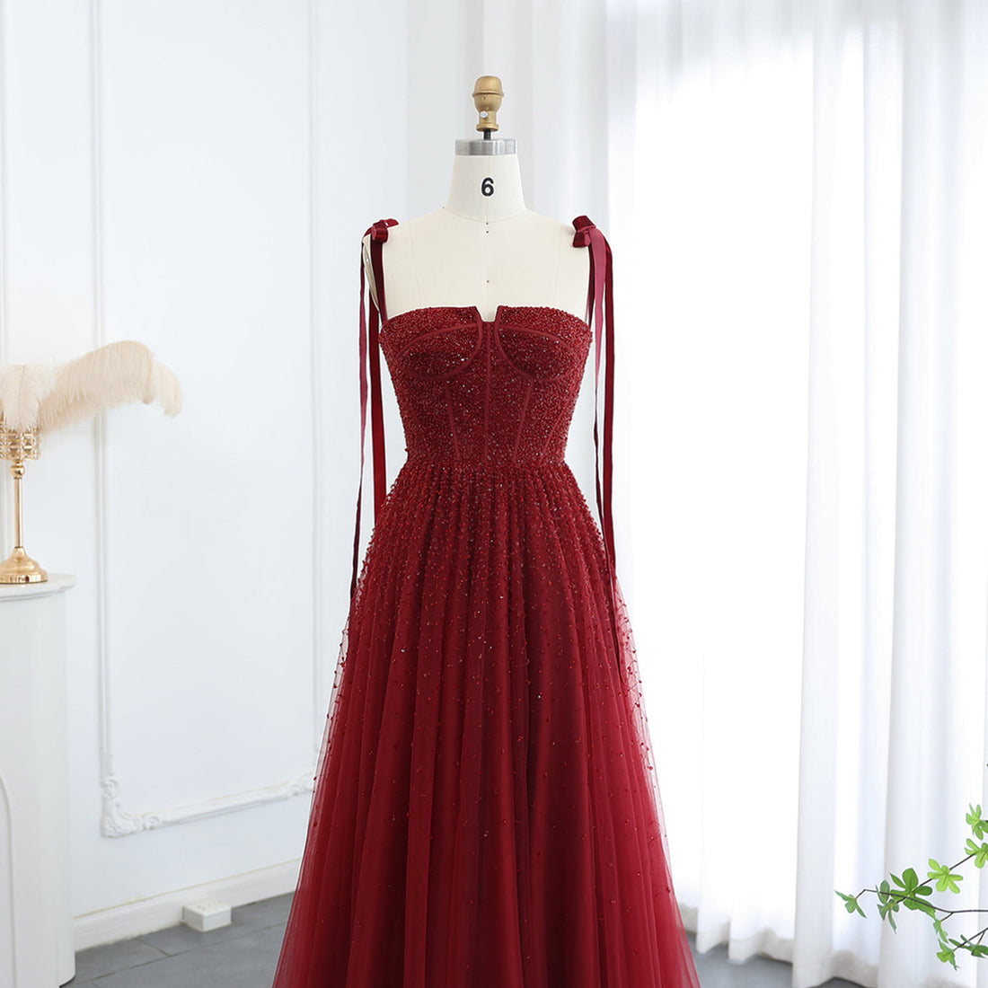 Luxury Beaded Wine Dubai Evening Dresses with Straps Elegant Women Arabic Wedding Party Gown