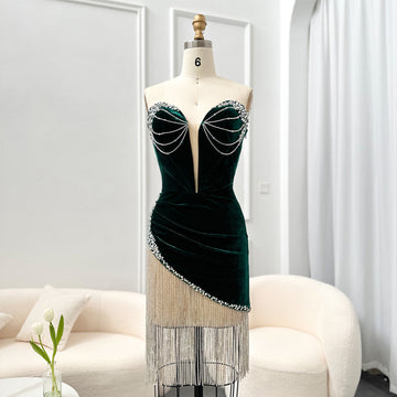 Emerald Green Velvet Mini Cocktail Dress 2024 Luxury Beaded Tassel Short Graduation Birthday Prom Gowns