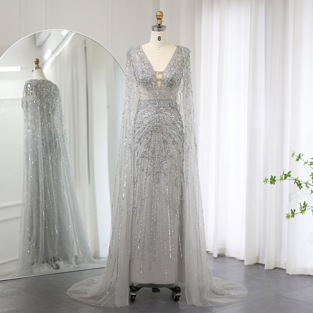 Elegant Gown with Long Sleeves and Shawl - Embellished with Shimmering Beads and Sequins  Luxurious Long Train Design-SZ397