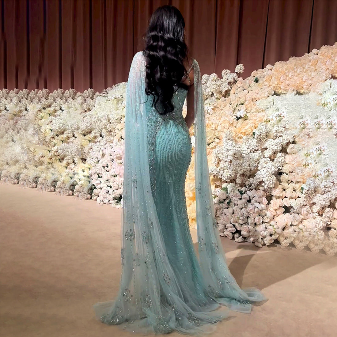 Luxury Dubai Aqua Lilac Arabic Mermaid Evening Dress With Cape Sleeves Cross Women Wedding Party Gowns