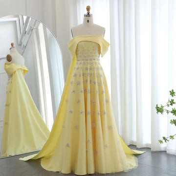 Yellow Strapless Luxury Gown Exquisite Embroidery and Silver Star Accents Elegant Train Design